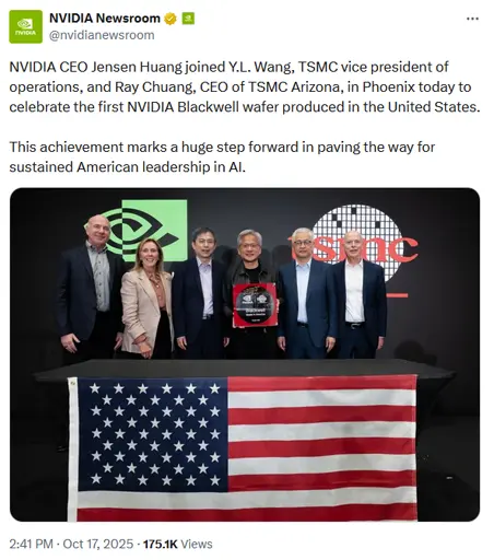 NVIDIA CEO Jensen Huang joined Y.L. Wang, TSMC vice president of operations, and Ray Chuang, CEO of TSMC Arizona, in Phoenix today to celebrate the first NVIDIA Blackwell wafer produced in the United States.

This achievement marks a huge step forward in paving the way for sustained American leadership in AI.